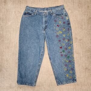 Vintage Hand Painted Flower & Butterfly Denim Capri Jeans